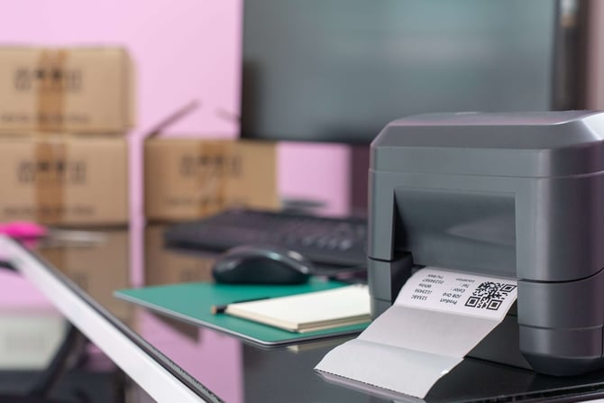 A label printer prints a QR code.