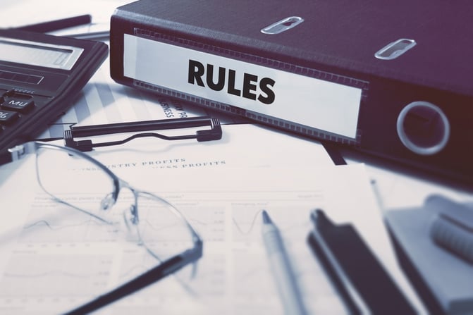 a Office folder with inscription Rules on Office Desktop with Office Supplies