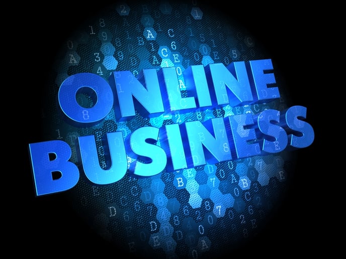 Online Business - Blue Colour Text on Dark Digital Background.