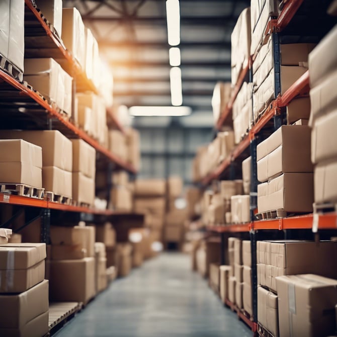 A warehouse with racking full of boxes.