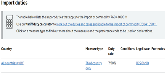 Screen shot of the Import duties section