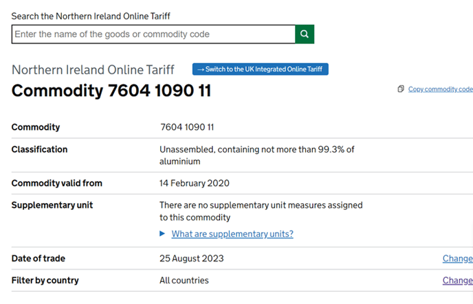 Screen shot of the NI Online Tariff page